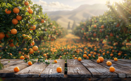 an orange tree field with a wooden table.の素材