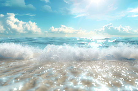 beach landscape with sea waves over blue sky and sun with sunny sky and sun rays.の素材