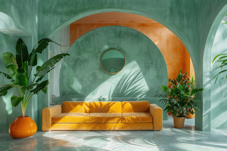 an arranged living room with plants, sofa, and a yellow vase.の素材