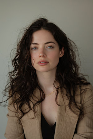 lara cahill fashion blogger a portrait of lara cahill in beige blazer.の素材