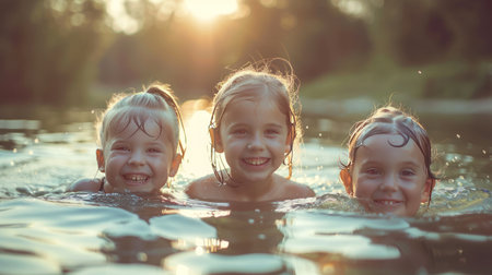 Three adorable young girls enjoy swimming in the lake.の素材