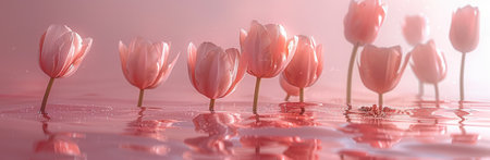 pink tulips in fresh water on pink background.の素材