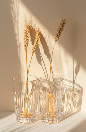 two glasses with two stalks of wheat next to each other on a white wall.の素材