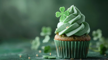 Patrick's Day cupcake with green frosting and a clover on a green background.の素材
