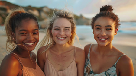 Three young female friends are captured in a portrait as they walk along the seashore.の素材