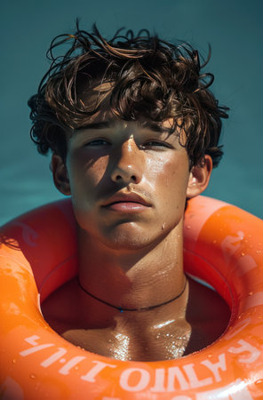 young man with inflatable ring on blue background.の素材