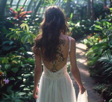 young woman walking in an outdoor botanical garden in a white gown.の素材