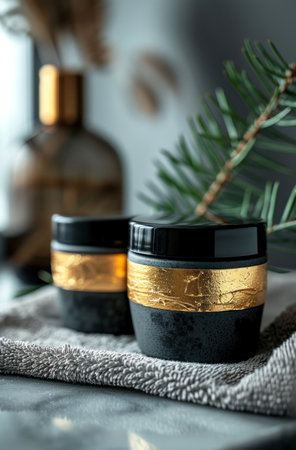 two black and gold jars of beauty products on a towel.の素材