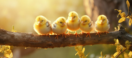 newborn baby chicks on a branch.の素材