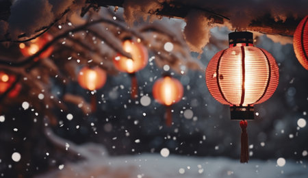 lanterns on a tree at night with snow.の素材