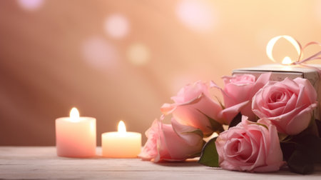 A tender background for expressing affection, featuring roses, candlelight.の素材