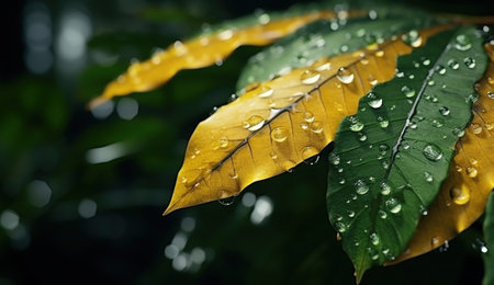 leaves and rain drops on leaves in the forest.の素材