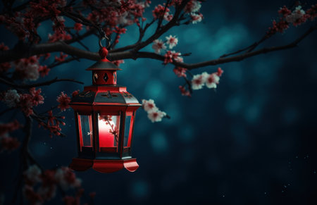 red candle lanterns on the branch of an Asian tree with pink blossoms.の素材