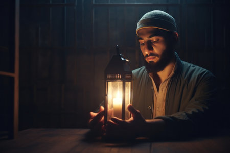 Muslim man holding a candle and praying prayer.の素材