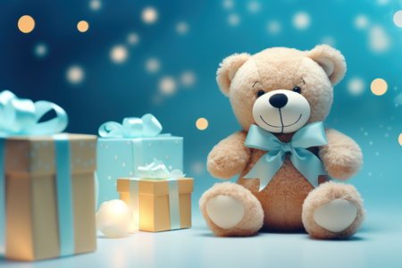 bear and gifts sitting next to a blue background.の素材