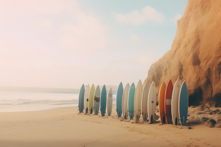 surfboards lined up in front of a blue rock.の素材