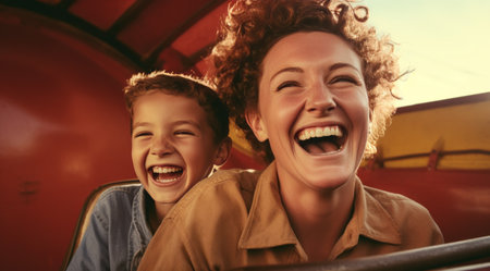 mom and son smile on ride.の素材