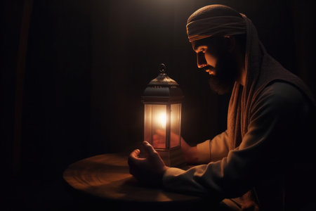Muslim man holding a candle and praying prayer.の素材