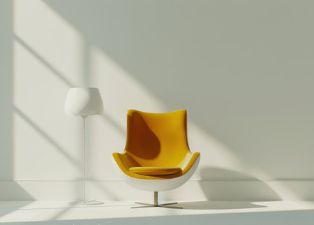 white wall with a yellow chair and a white lamp.の素材