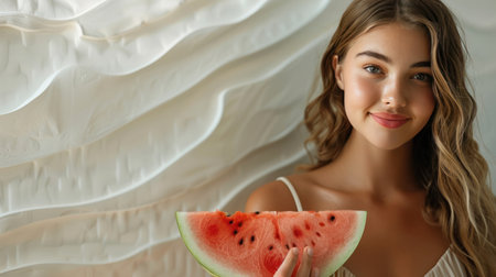 A young, attractive woman holds a slice of watermelon.の素材