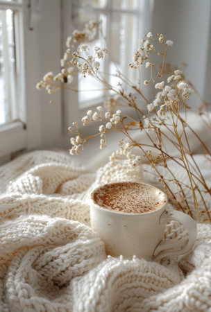 hot cocoa over a white blanket.の素材