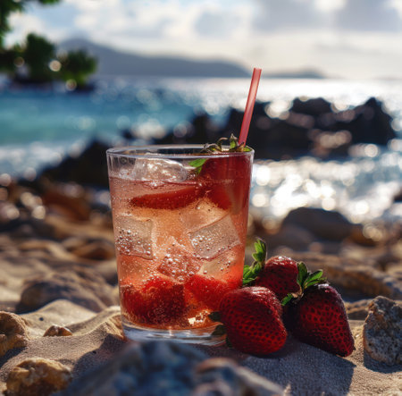 a drink with two strawberries at the beach and a straw.の素材