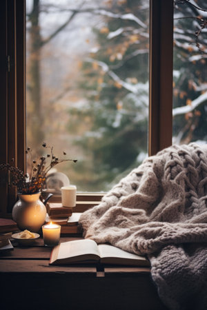 Winter aesthetic morning, warm knits, book, and a window view of snowy landscapes.の素材