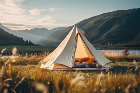 a tent is pitched in the mountains and the sun is shining.の素材