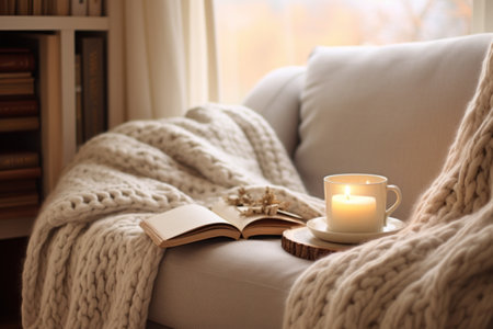 Cozy winter weekend morning with fluffy slippers.の素材