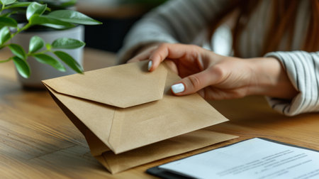 Close-up of a woman's hand opening an envelope containing a mockup business card or a blank letter.の素材