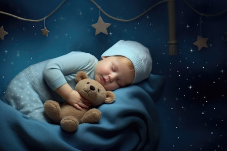 baby sleeping with a bear sleeping with stars.の素材