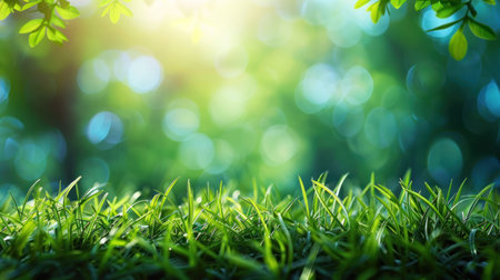 Fresh, green spring grass basking in sunlight, with a blurred sky in the background.の素材