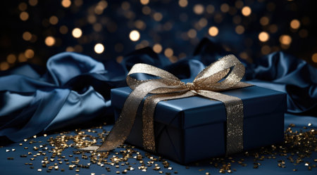 a blue gift box with gold stars on a dark background.の素材