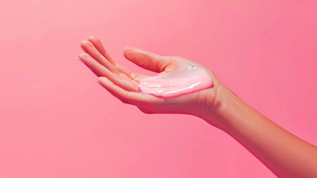 An artistic portrayal of a woman applying cosmetic cream lotion to her hand, set against a millennial pink background.の素材