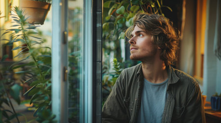 Thoughtful young man standing by glass door at home.の素材