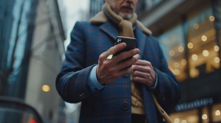 A businessman using a smartphone for global business activities, including internet connection.の素材