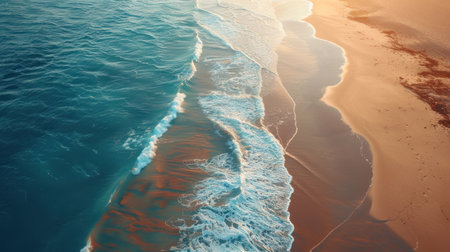 Aerial view of a serene sandy beach with light blue transparent waves and sunlight.の素材
