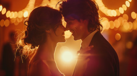 A joyful young couple dancing at a lively party. A handsome young man and woman delighting in dancing.の素材