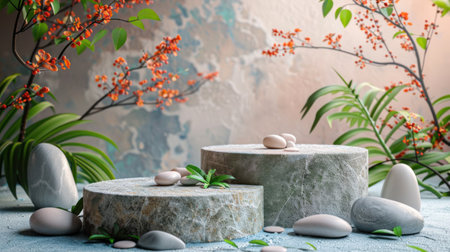 A premium paper podium set against a soft pastel backdrop, embellished with plant branches, leaves, pebbles.の素材