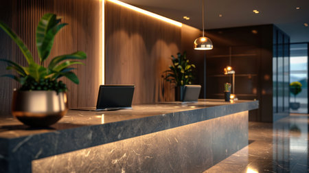 Contemporary luxury hotel front desk with a bell.の素材