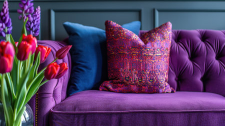 Contemporary purple sofa adorned with tulips.の素材
