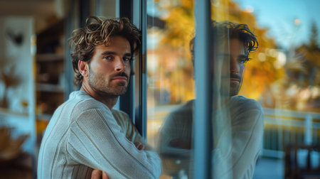 Thoughtful young man standing by glass door at home.の素材