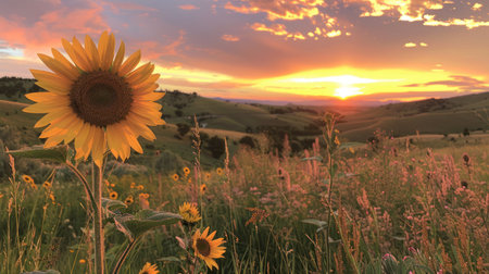 A stunning sunflower against a sunset sky.の素材