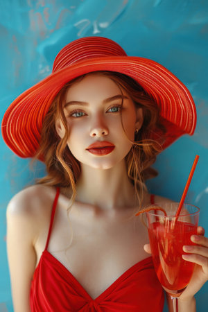 ensual girl in red stripped hat and red dress with a summer cocktail over blue background.の素材