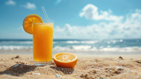 Fresh orange juice, fruits on sand with blue sky background, summer concept.の素材