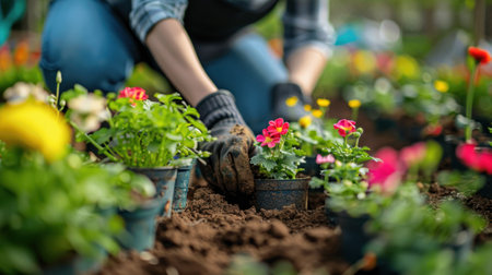 Gardeners are planting flowers by hand in pots filled with dirt or soil.の素材