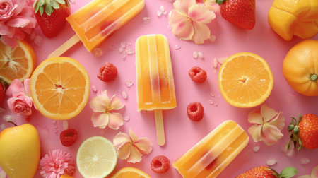 Fruity popsicle ice cream on a pastel background, presented in a flat lay design.の素材