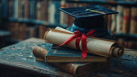 A mortarboard and graduation scroll, bound with a red ribbon, rest on a pile of worn-out books with an open area.の素材