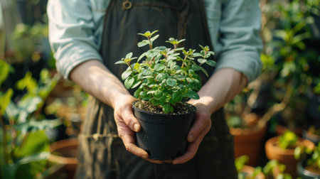 A gardener holding a potted plant in the garden.の素材