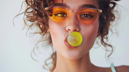 A stunning fashion model girl, wearing sunglasses, looks amusingly surprised..の素材